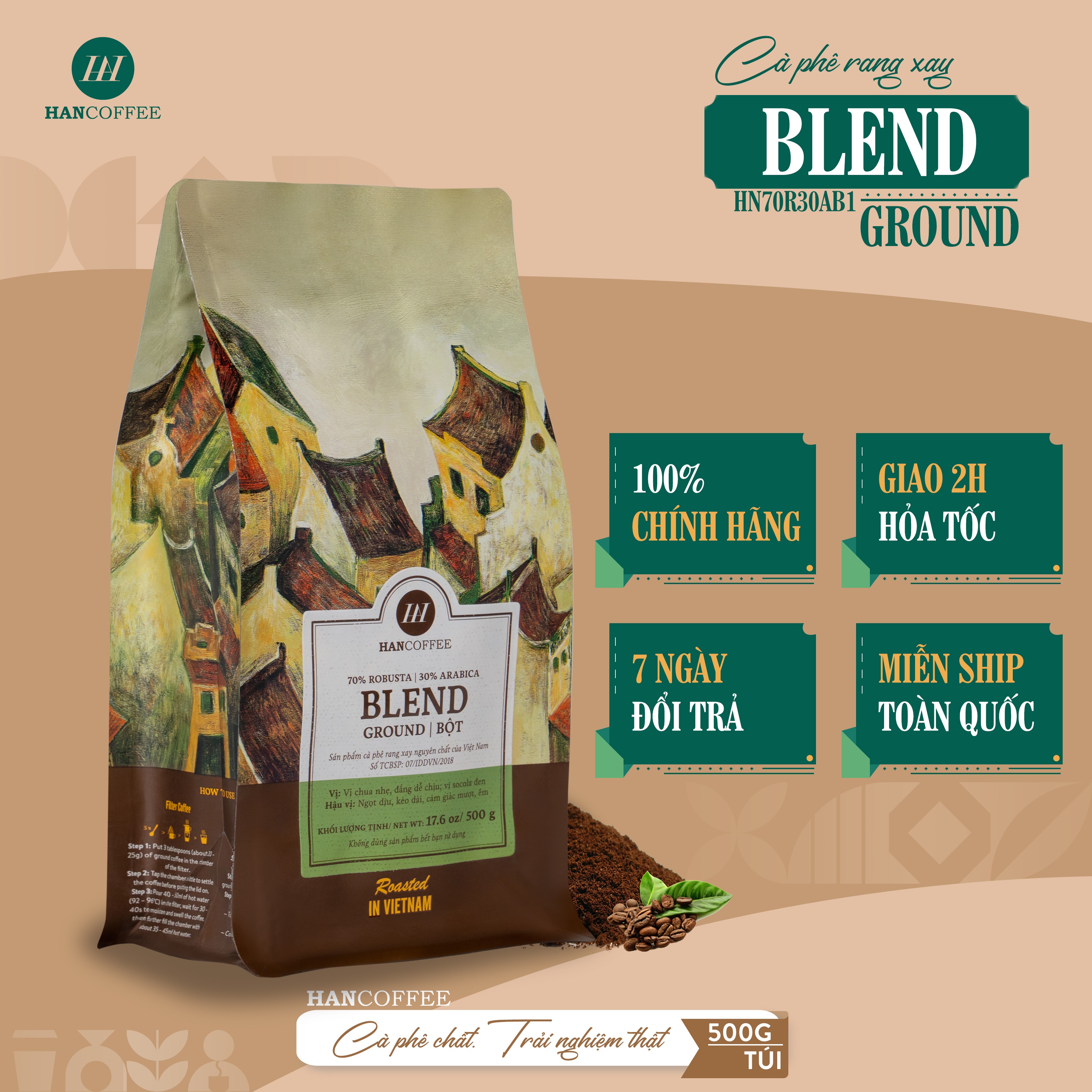Cà Phê Arabica - Cafe Rang Mộc 100% HANCOFFEE Đắng Vừa, Chua Nhẹ, Ngọt Dịu, Dễ Uống Pha Phin - HN70R30AB1
