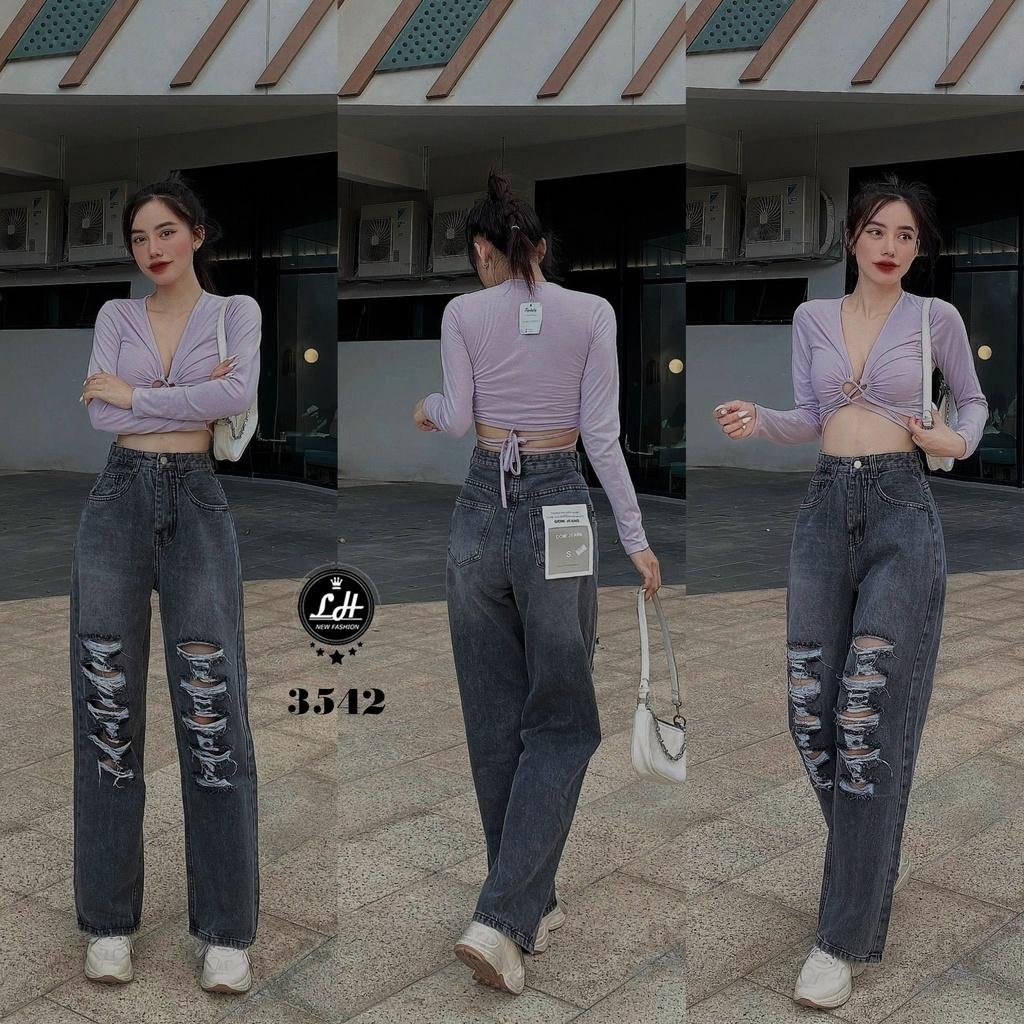 Quần jean nữ ống rộng, quần bò màu xám rách tả tơi siêu cá tính Lê Huy Fashion MS 3542
