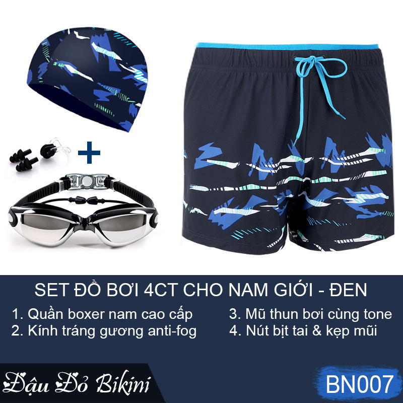 Combo đồ bơi nam giới, set 4,5 chi tiết Quần boxer 2 lớp + Kính bơi anti fog + Mũ + Bịt tai kẹp mũi + Túi đựng, mẫu cao cấp đẹp | BN007