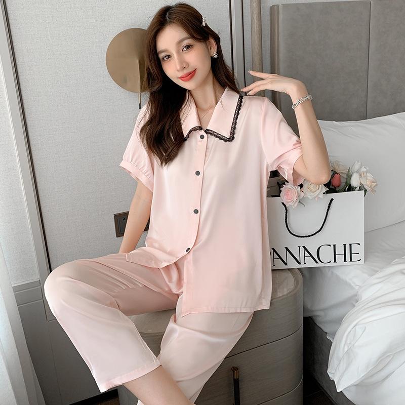 Pijama Nữ - Bộ Ngủ Áo Ngắn Quần Dài Vải Lụa Cao Cấp Màu Trơn Cổ Áo Cách Điệu Viền Ren Đẹp CDLP10