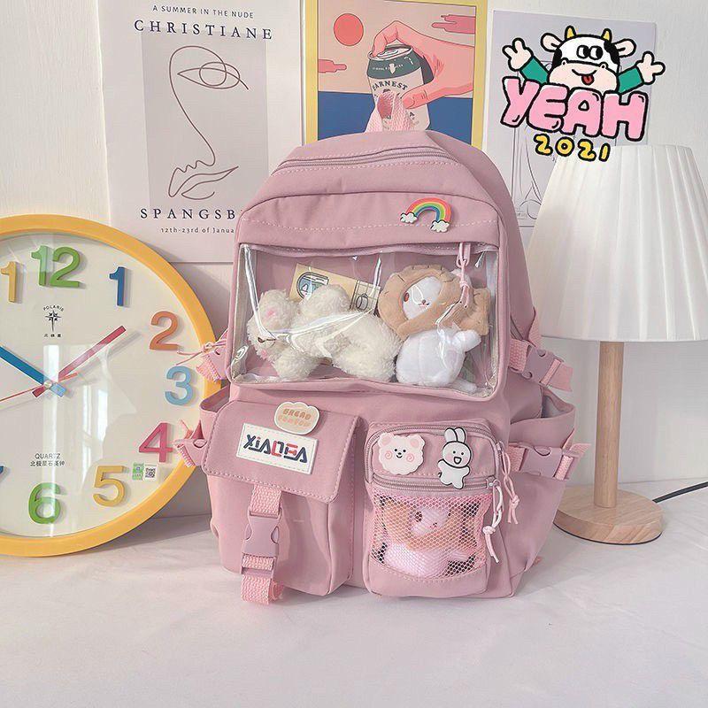 Balo Ulzzang Hàn Quốc học sinh đi học đi chơi ngăn Mica trong suốt phối lưới