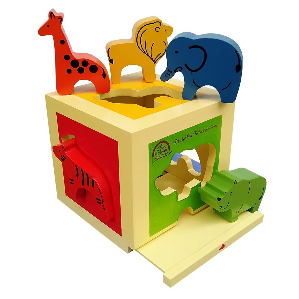 Đồ chơi nhận hình hộp thả hình thú rừng, đồ chơi gỗ giáo dục cho trẻ nhỏ, bé học các con vật trong rừng