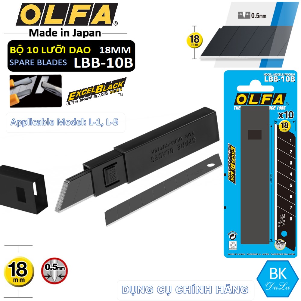 Hộp 10 Lưỡi dao cắt rọc UltraSharp 18mm Nhật OLFA LBB-10B- màu đen