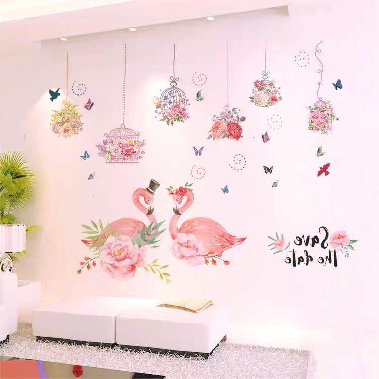 Decal dán tường Lồng chim hoa và đôi uyên ương - HP368