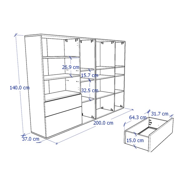 SOSIA, COMBO Kệ lưu trữ đồ dùng kèm tủ hộc kéo STO_079, 200x37x140cm