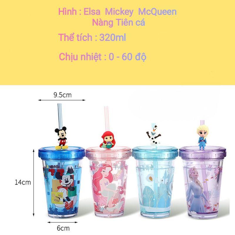 Ly ,cốc Dlsney trong suốt 2 lớp kim tuyến rơi bên trong kèm ống hút hình 3D siêu đẹp cho bé