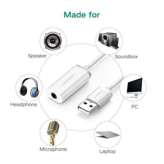 Ugreen UG40520US206TK USB 2.0 ra 3.5mm Aux bộ chuyển âm thanh không có micro màu trắng - HÀNG CHÍNH HÃNG