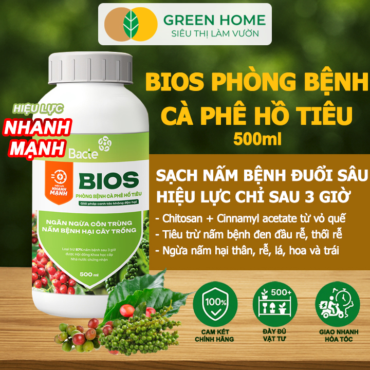 Chế Phẩm Sinh Học Bacte Bios Phòng Bệnh Cà Phê Hồ Tiêu, Green Home, Chai 500ml, Hiệu Lực Nhanh Mạnh