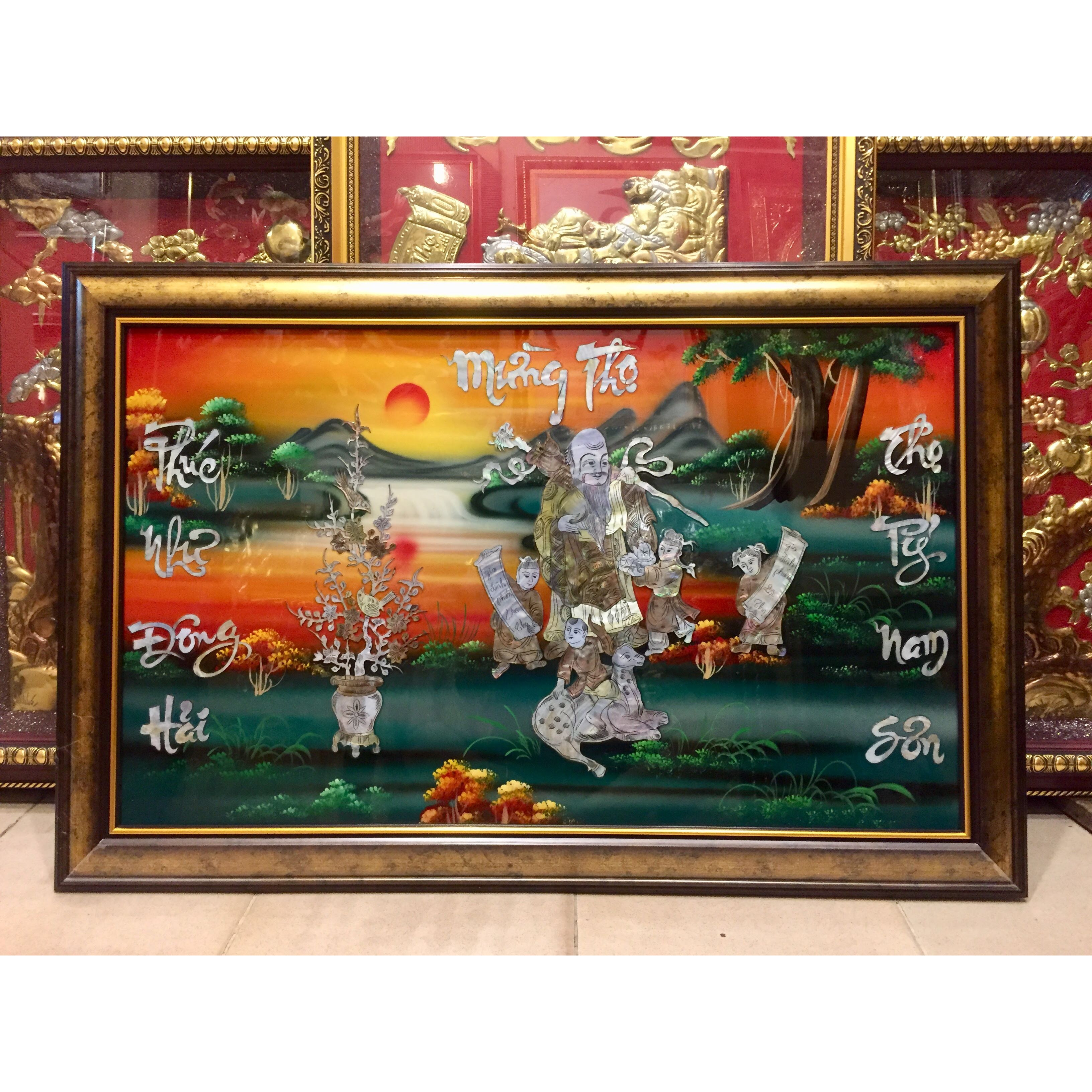 Tranh sơn mài khảm trai chúc thọ Ông Bà