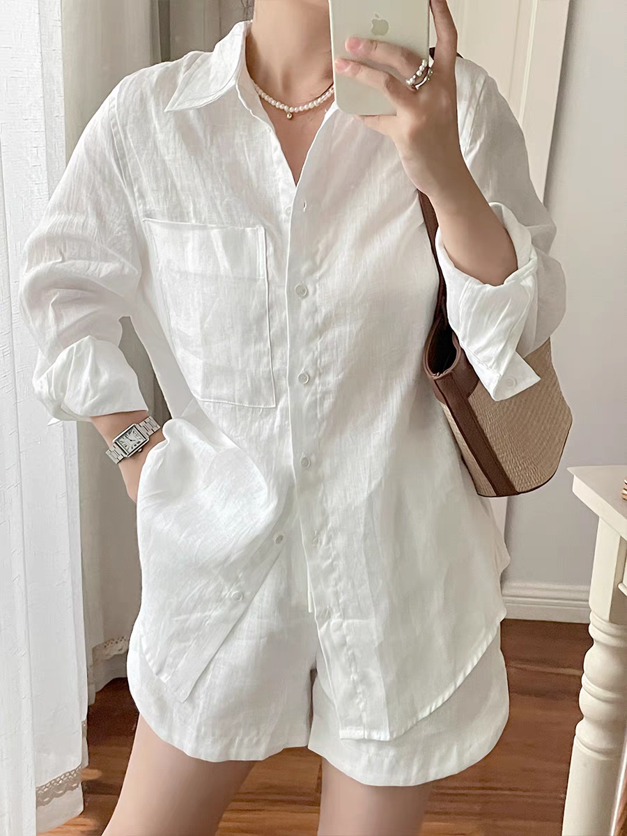 Set áo sơ mi + quần short nữ chất liệu linen mềm mịn thoáng mát Bv05