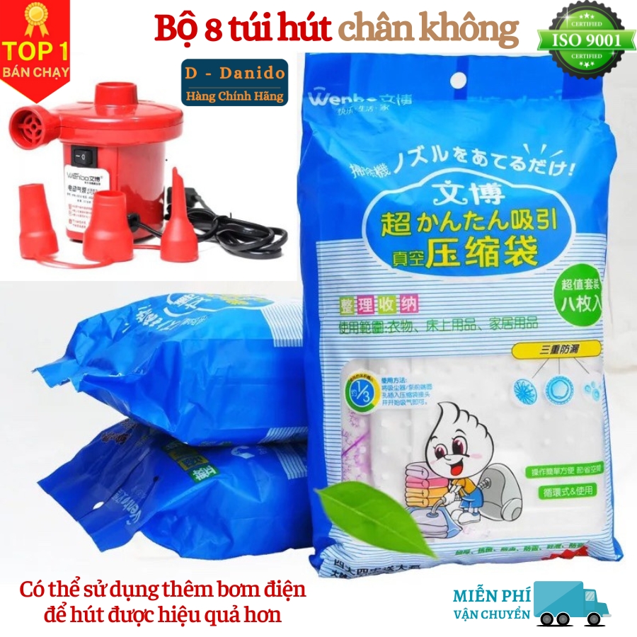 [Tặng kèm bơm tay] Bộ 8 túi hút chân không đựng chăn màn quần áo cao cấp D Danido - Set 8 túi hút chân không bằng nhựa dẻo dai có tặng kèm bơm tay