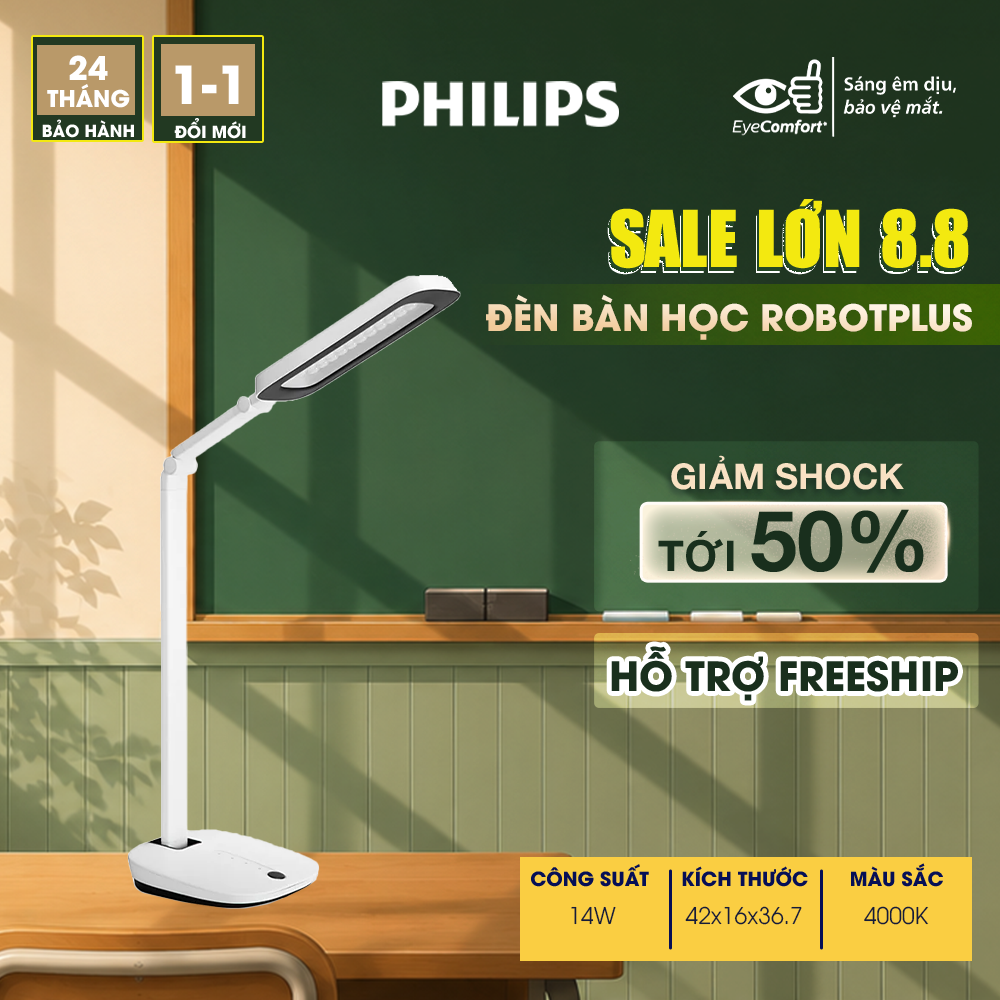 Đèn bàn học bảo vệ mắt Philips LED RobotPlus DSK601 RD 13W ánh sáng trung tính 4000K, 4 cấp độ sáng