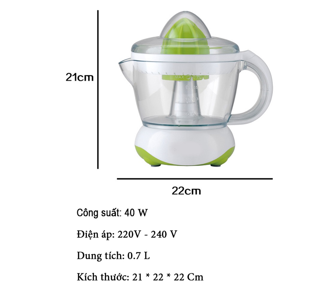 Máy Vắt Cam Tự Động, Dung Tích 700ml, Công Suất 40W, Thân Máy Bằng Nhựa Cao Cấp, Độ Bền Cao, Có Khay Ngăn Hột, Lược Xác, Dễ Dàng Tháo Lắp Vệ Sinh