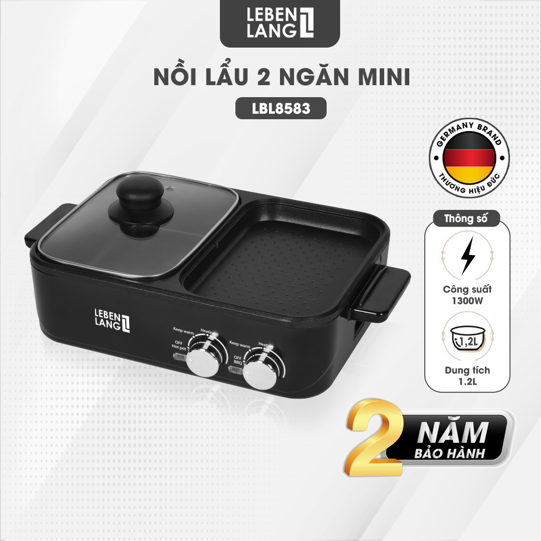 Nồi lẩu điện 2 ngăn mini Lebenlang LBL8583, bếp lẩu nướng 2in1 công suất 1300W, 1200ml nhanh gọn tiện lợi - hàng chính hãng