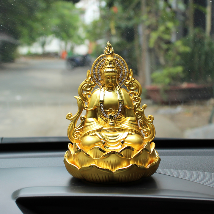 Tượng Phật Bà Quan Thế Âm Bồ Tát hai mặt tọa đài sen vàng đính đá cao cấp trang trí Taplo Ô Tô Xe Hơi