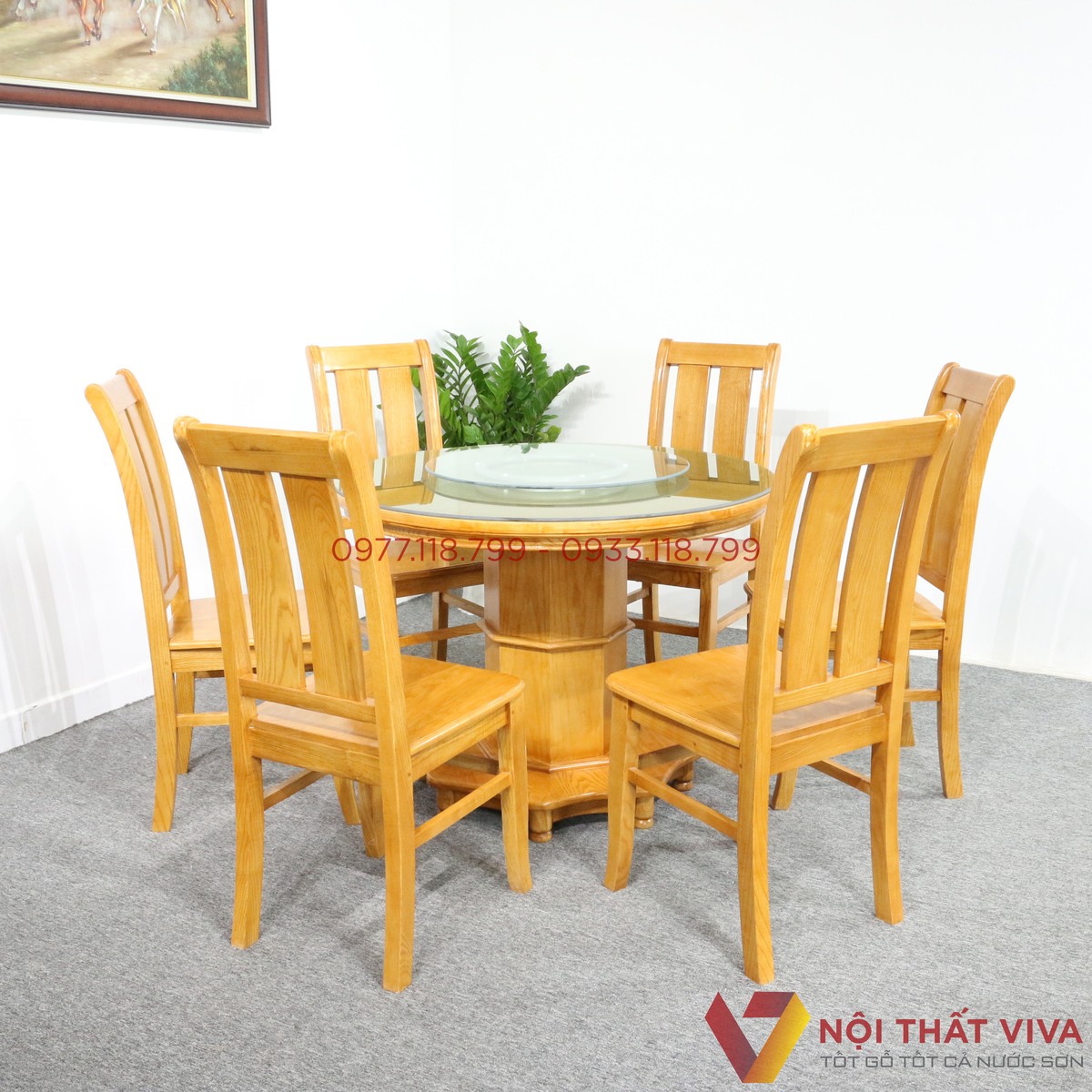 Bàn Ăn Tròn Gỗ Sồi 6 Ghế Màu Tự Nhiên Đẹp