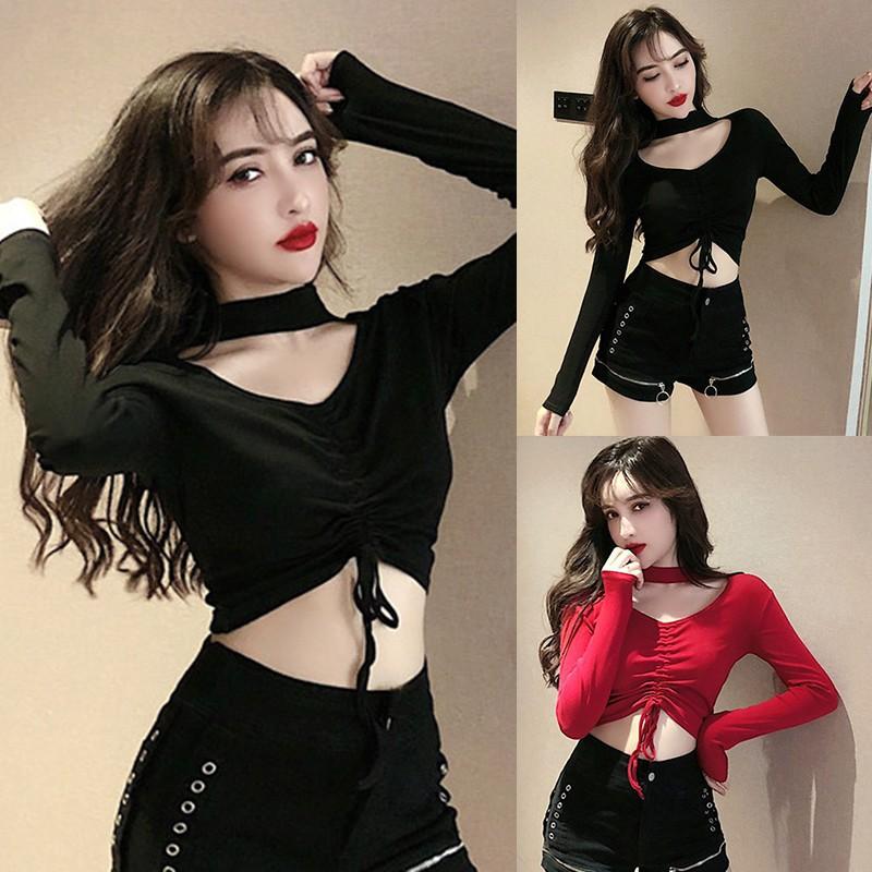 Áo thun nữ tay dài cổ chữ V phong cách Hàn Quốc