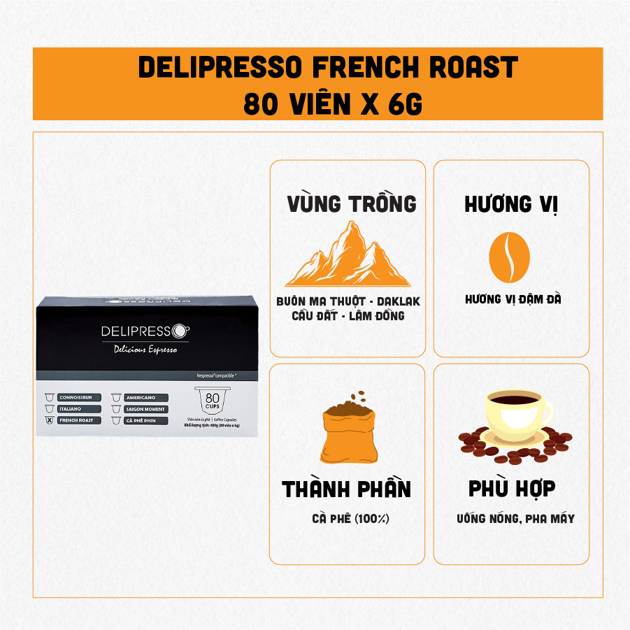 Cà phê Delipresso French Roast 80 viên x 6g - Cà phê viên nén Delipresso French Roast - Viên nén cà phê - Cà phê pha máy - Phương Vy Coffee - Phương Vy