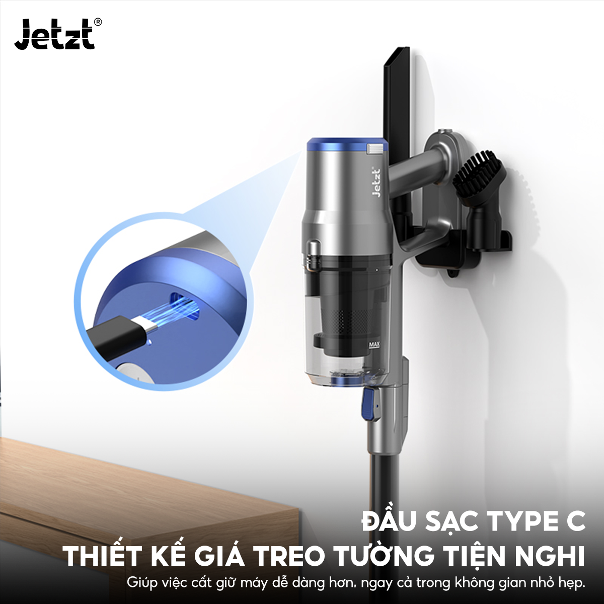 Máy hút bụi cầm tay không dây Jetzt XS27, làm sạch đa năng với đèn LED chiếu sáng - Hàng chính hãng