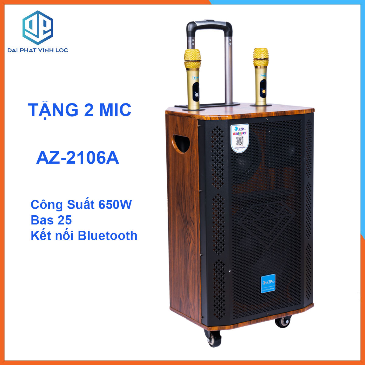 Loa Kéo Karaoke Công Suất Lớn 650W | Loa Kéo Giá Rẻ Loa Kéo AZ-2106A Bas 25 (3 ĐT) |Loa Kéo Bluetooth Tặng 2 MIC Karaoke Chống Hú Cao Cấp |