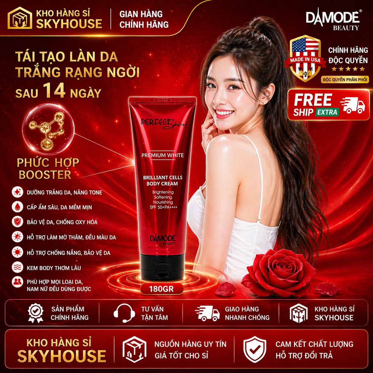 Kem body trắng da BRILLIANT CELLS DAMODE chai 180gr kem body dưỡng ẩm đều màu da chính hãng