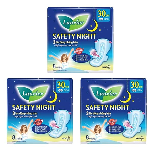 Combo 3 gói Băng Vệ Sinh Ban Đêm Laurier Safety Night [30cm-8M]