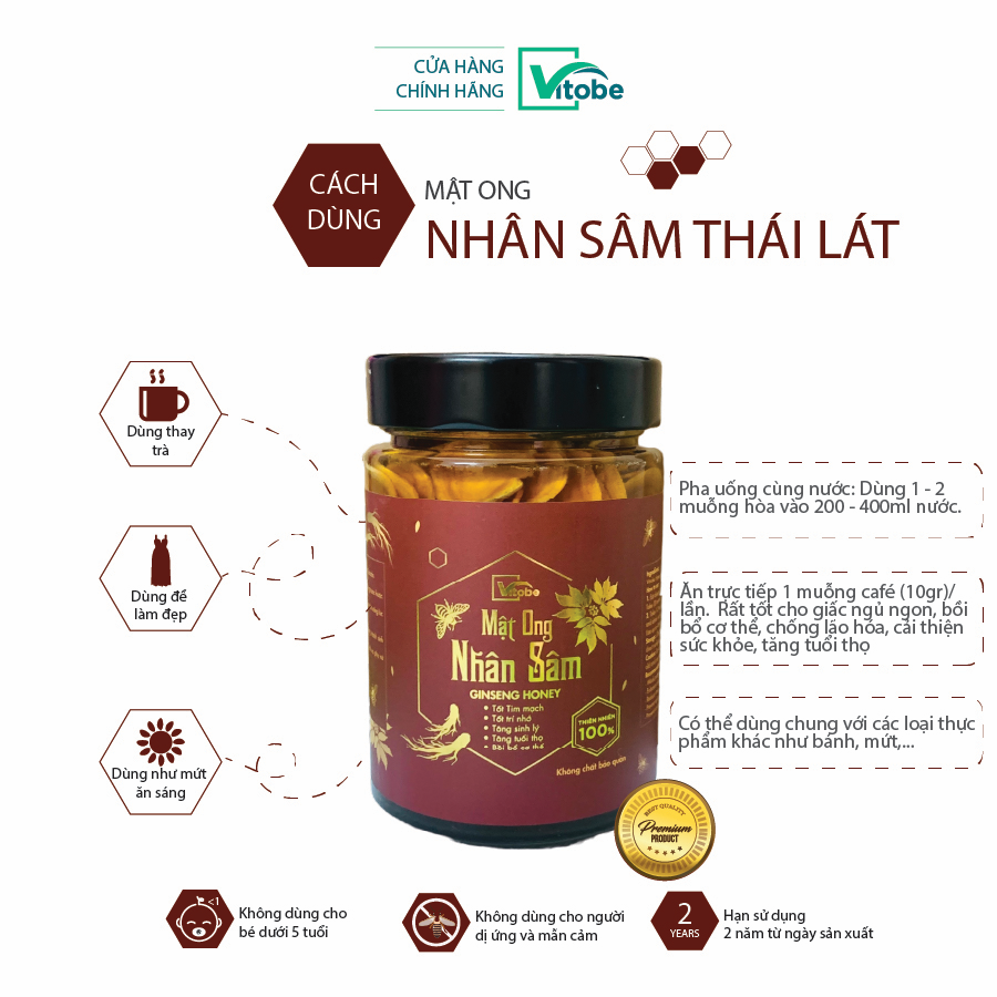 Mật Ong Nhân Sâm Vitobe (Sâm tươi) (560gr) - Hữu cơ 100% (TẶNG Mật ong thiên nhiên 360g + Cây gỗ lấy mật ong)