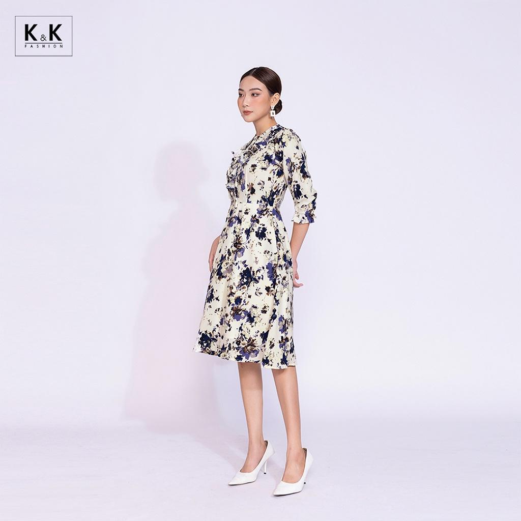 Đầm Xòe Hoa Phối Nơ Viền Bèo K&amp;K Fashion KK116-39 Chất Liệu Silk