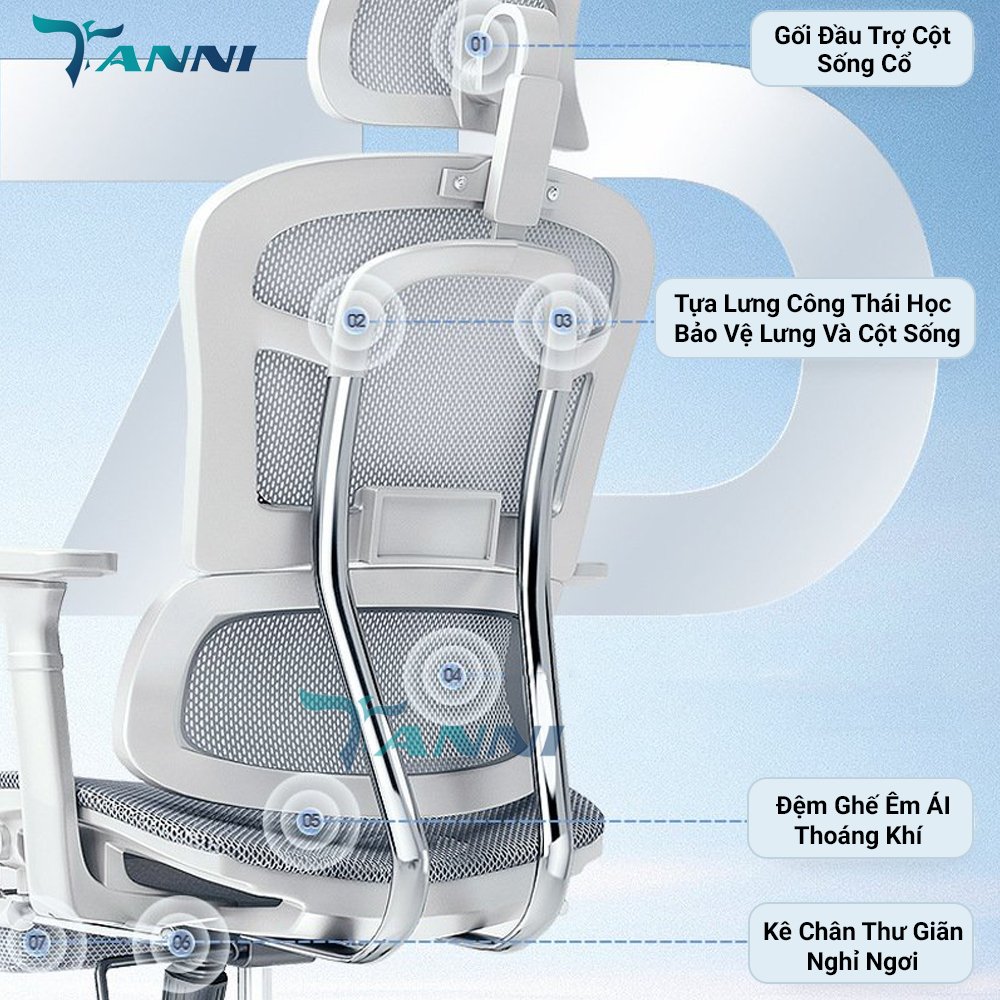 Ghế Xoay Văn Phòng Công Thái Học Cao Cấp Có Ngả Lưng TANNI Premium V3, Ghế Xoay Ngồi Làm Việc Ergonomic Nhập Khẩu