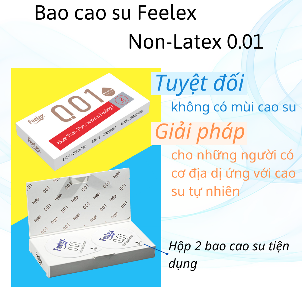 Bao cao su nam Non-Latex Feelex 001, siêu mỏng chuẩn 0.01mm, cao su nhân tạo không mùi, an toàn tuyệt đối, hộp 2 chiếc