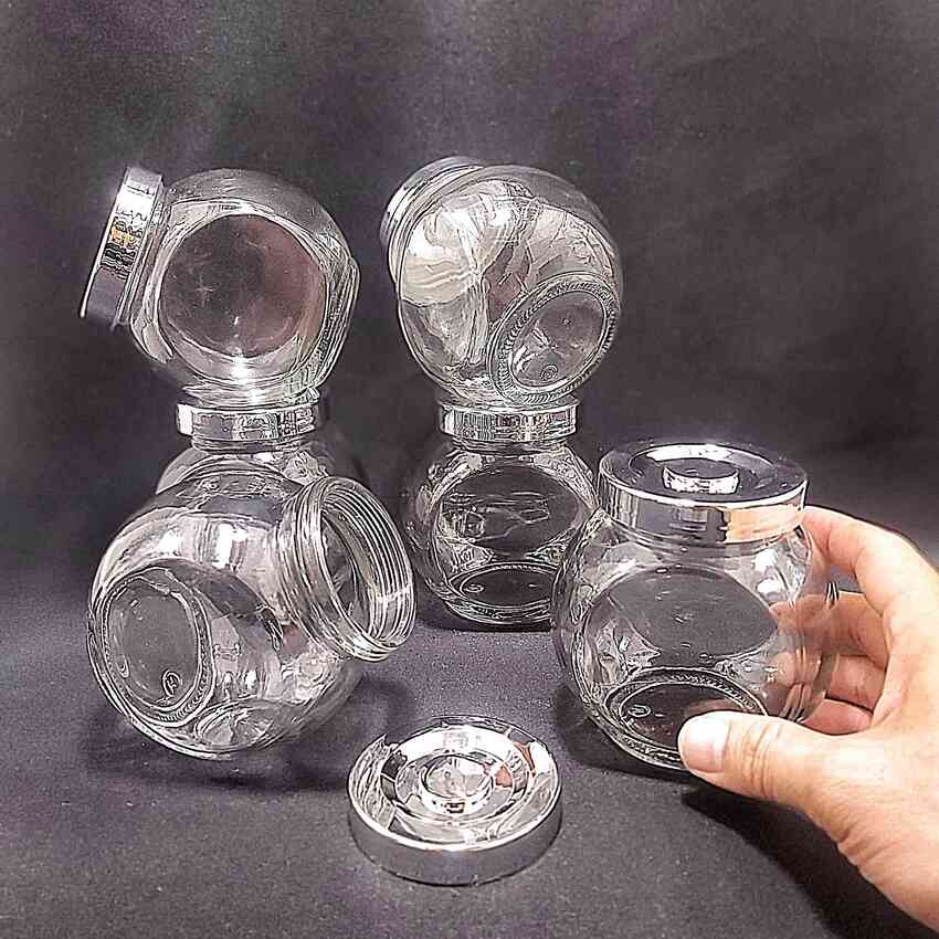 Hũ đựng gia vị đẹp 380ml mẫu Tròn Dẹt kiểu Nghiêng 2 đáy - Nắp nhựa màu bạc - Hũ thủy tinh đựng mứt kẹo, mật ong, sữa ong chúa, thực phẩm, mỹ phẩm