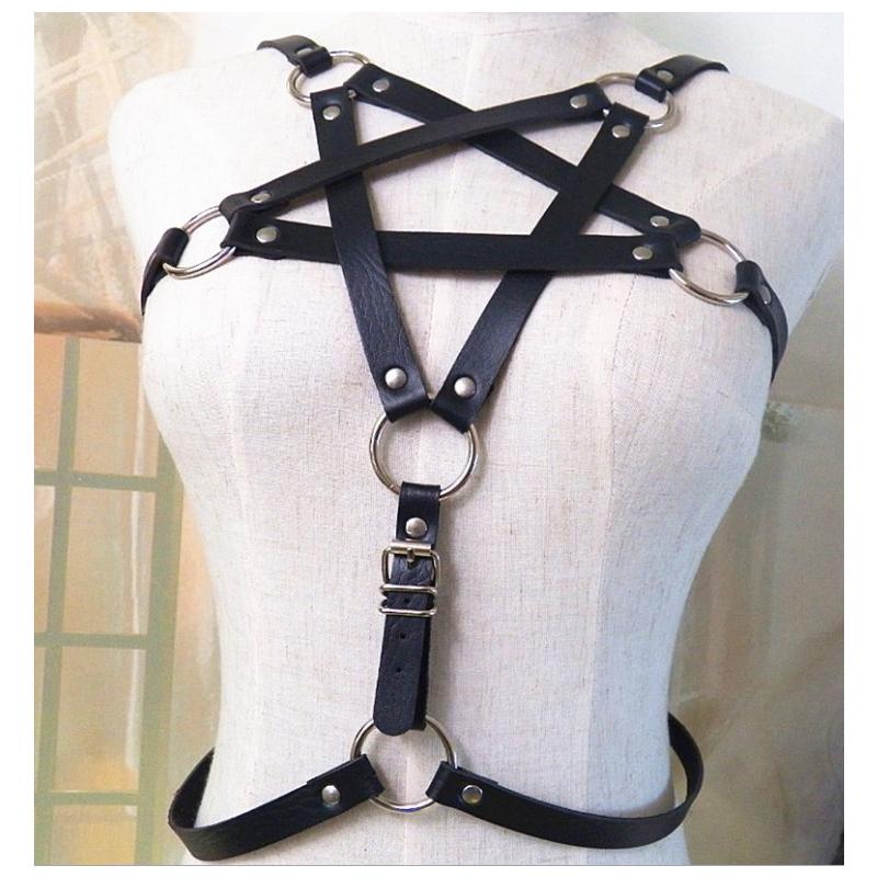 Người Phụ Nữ Pentagram Phong Cách Punk Da PU Dây Áo Ngực Thắt Lưng Cơ Thể Mối Ràng Buộc Caged Áo Bralette Gothic Áo Ngực Garters