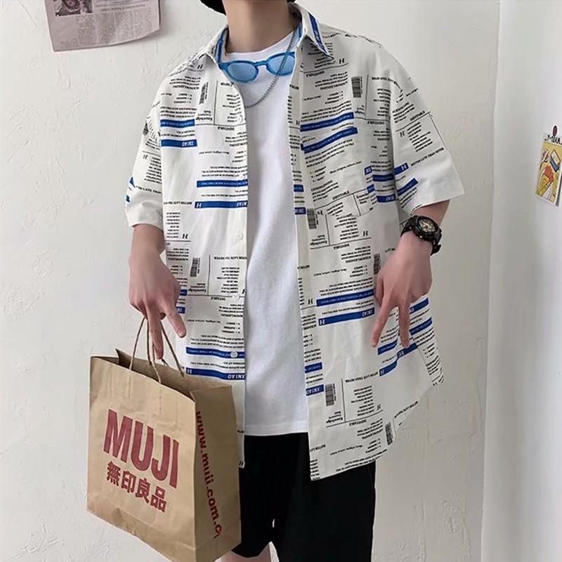 Áo sơ mi rộng thoải mái tay ngắn in chữ tiếng Anh thời trang mùa hè dành cho nam
