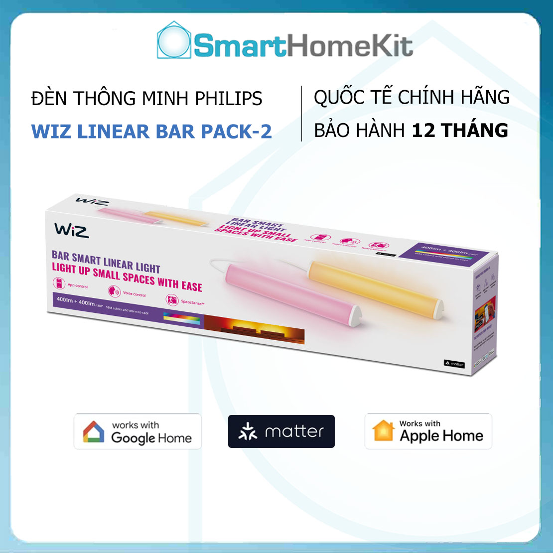 Đèn trang trí thông minh Wiz Double Led Linear Bar RGB 16 triệu màu kết nối Wifi &amp; Matter, Bảo hành 1 Năm