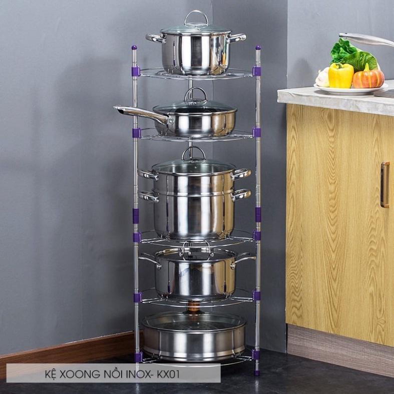 Kệ để đồ nhà bếp 5 tầng inox 304 cao cấp, giá để xoong nồi có thể thay đổi sang kệ 2 tầng, 3 tầng, 4 tầng