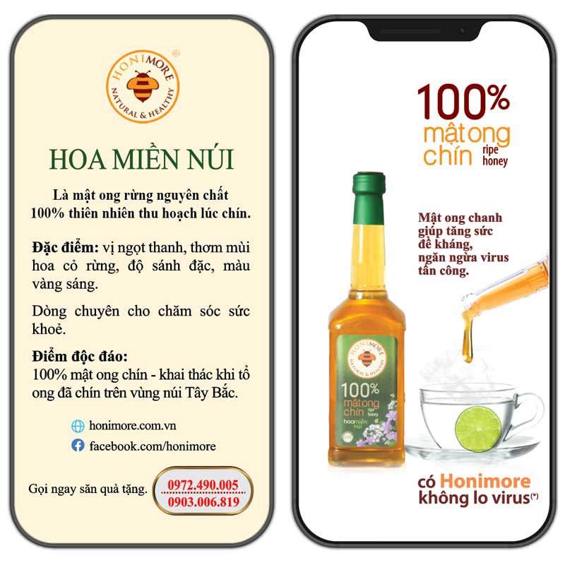 Honimore Mật ong chín Hoa Miền Núi 630g - MUA 2 TẶNG 1 CHAI CÙNG  SIZE