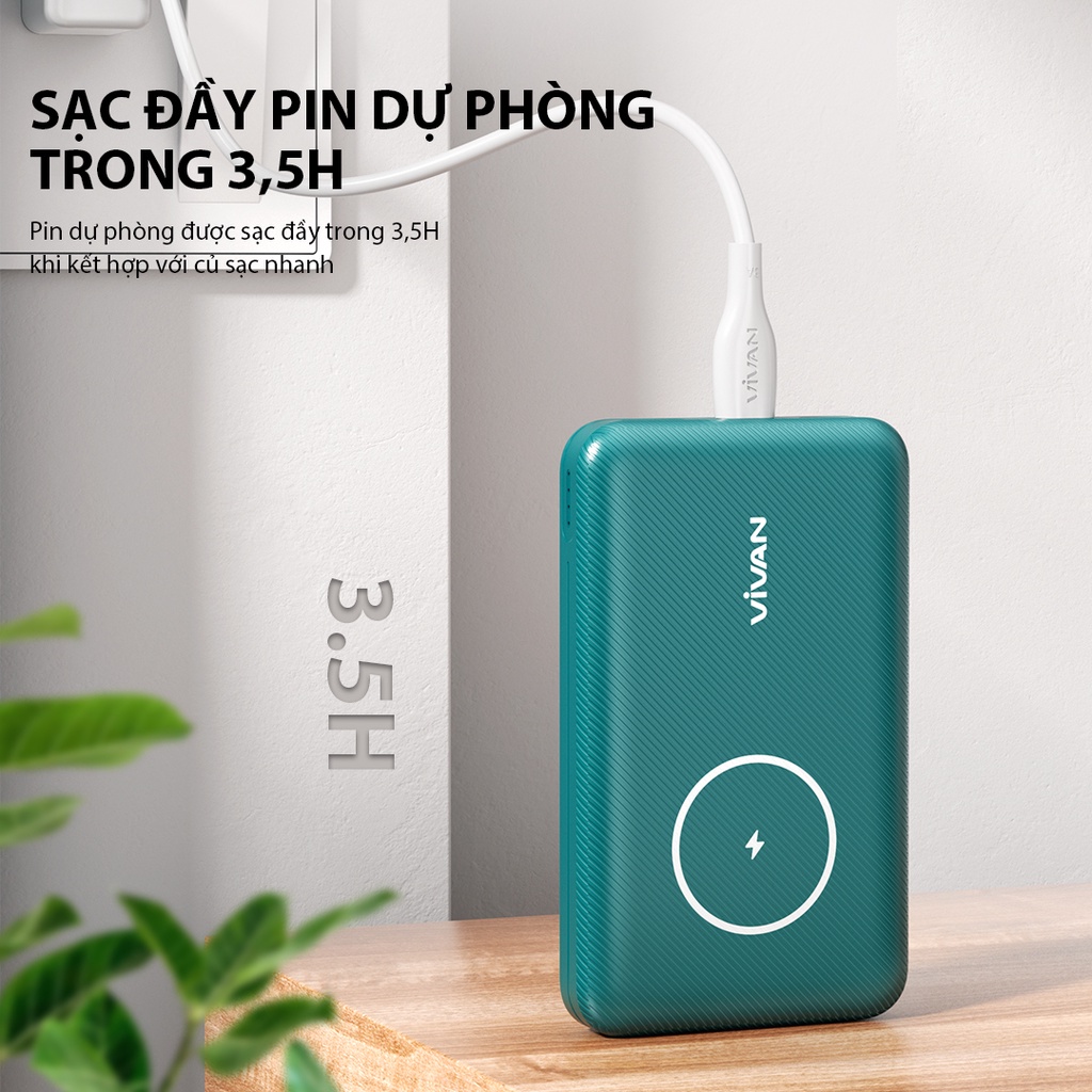 Pin Dự Phòng Không Dây Từ Tính 10000 mAh VIVAN VPB-W12 Sạc Nhanh Q.C 3.0 PD 2 Cổng Sạc Ra TypeC &amp; USB - Hàng Chính hãng