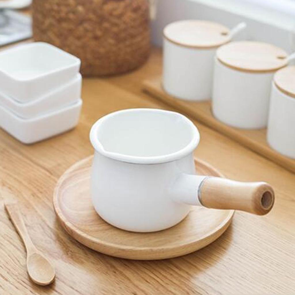 550ml Small Enamel Milk Cooking Sauce Pan Pot Wooden Handle Cookware White