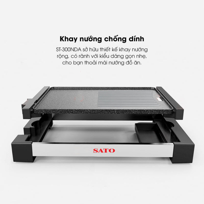 Bếp nướng điện SATO BN21 - Nướng nhanh, tiết kệm điện, không khói bụi. Thân bếp hợp kim nhôm đúc nguyên khối phủ chống dính cao cấp - Miễn phí vận chuyển toàn quốc - Hàng chính hãng