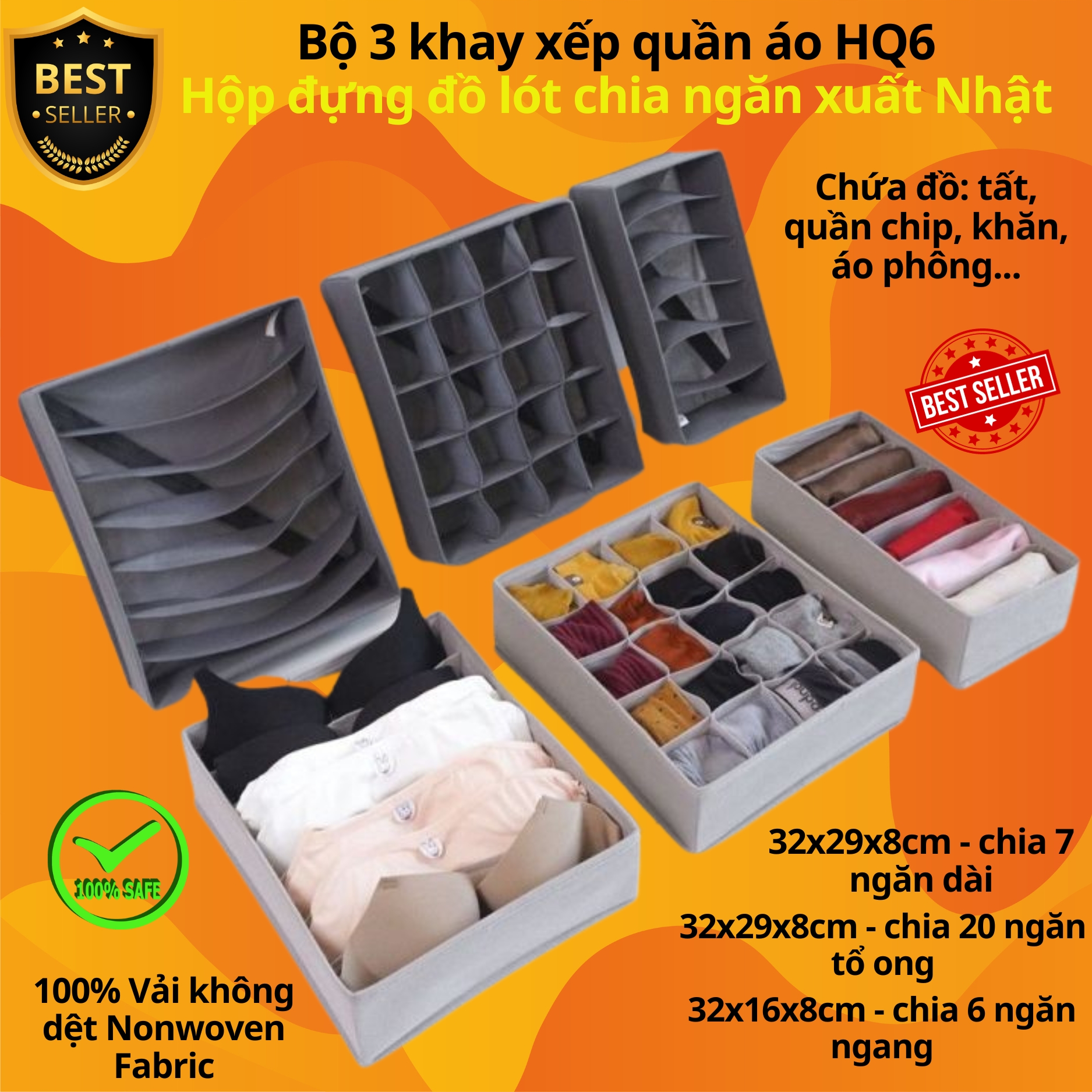 Set 3 khay xếp quần áo HQ6 bộ 3 hộp đựng đồ lót gọn nhẹ chia ngăn tiện lợi xuất Nhật chính hãng D Danido