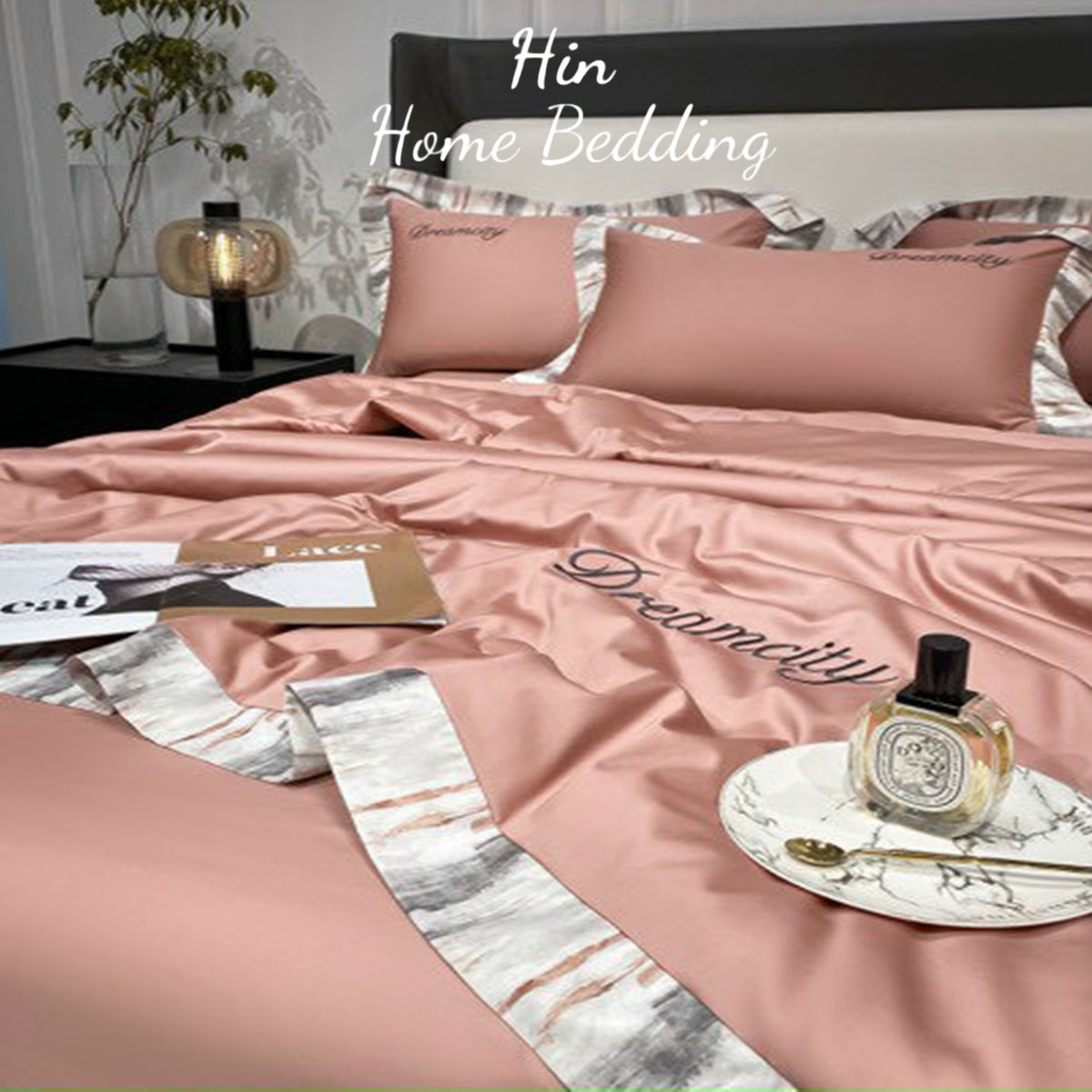 Bộ Chăn Ga Gối Đệm 5 Món Chăn Bông Hin Home Bedding Drap Giường Lụa Mẫu Hồng