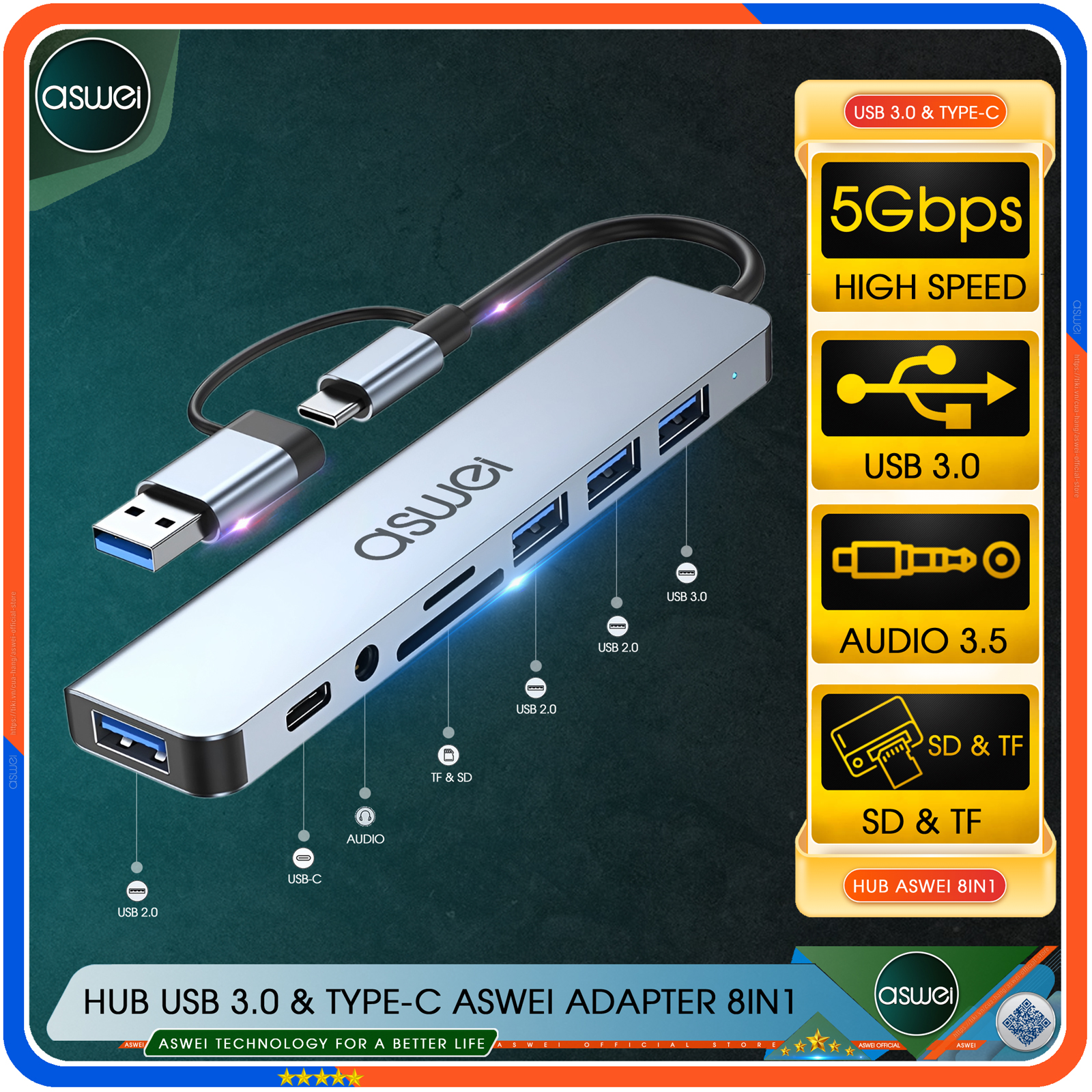 Hub Type C Và Hub USB ASWEI 8 in 1 To USB 3.0, SD, TF, USB C, Audio 3.5 - Hàng Chính Hãng