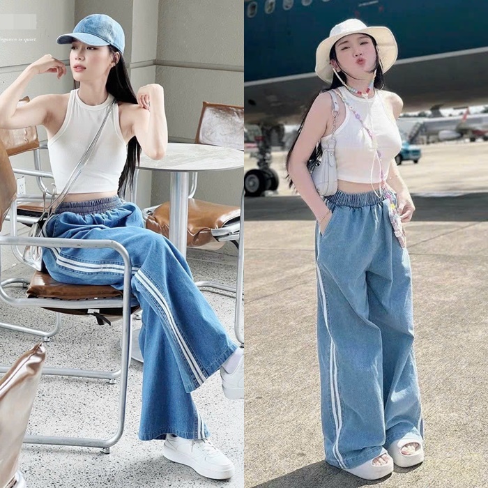 SET QUẦN JEANS ỐNG RỘNG LƯNG THUN CAO DÀI DENIM + ÁO THUN 3 LỖ TRẮNG TRƠN CƠ BẢN BASIC DẠO PHỐ ĐI CHƠI ĐI BIỂN ĐI TIỆC