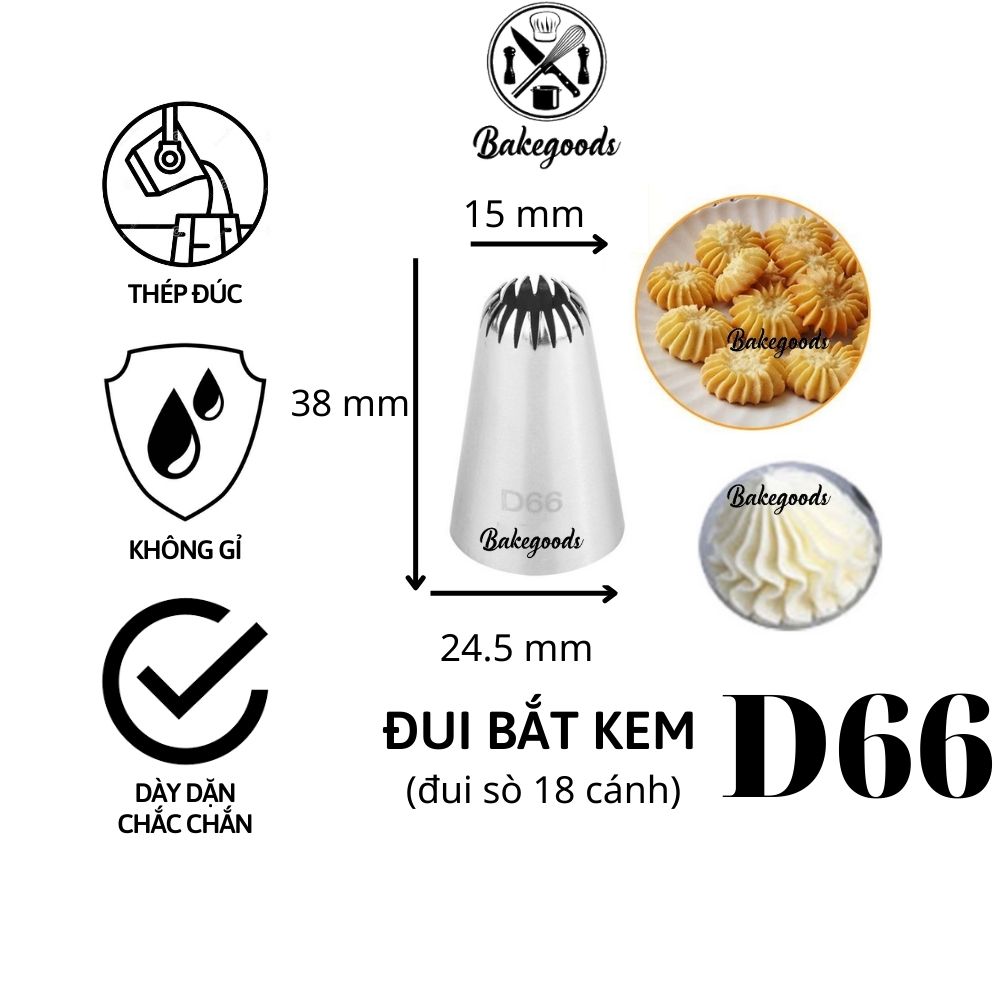 Đui bắt kem D66, Đuôi bắt bánh quy cỡ lớn, đui bắt hoa trang trí bánh bằng thép không gỉ đúc liền khối dày dặn, cứng cáp