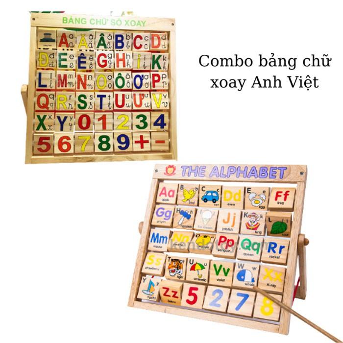 Combo bảng chữ Anh Việt khung xoay dính liền bằng gỗ