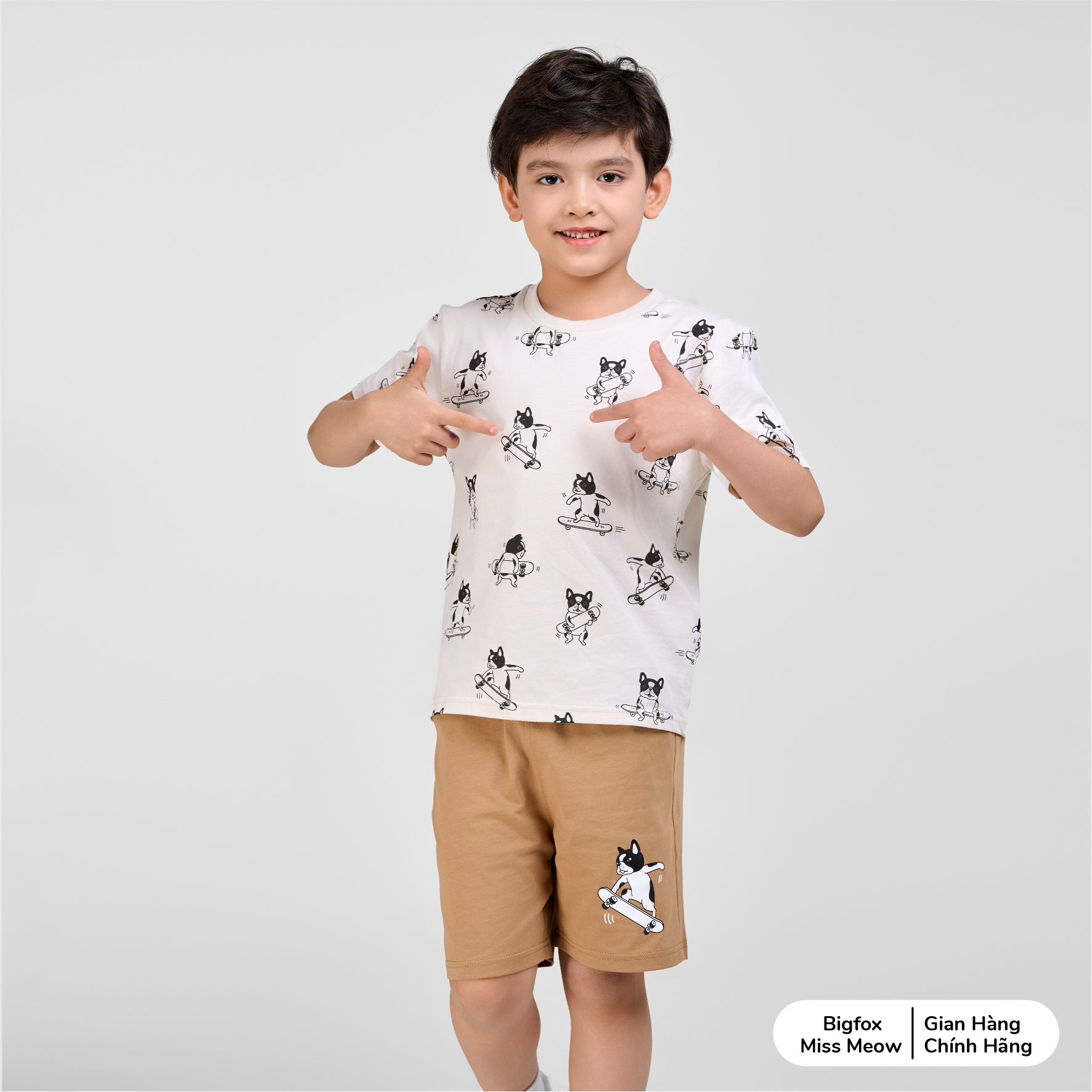 Bộ cộc tay mùa hè cho bé trai Bigfox Miss Meow chất cotton size đại 3,7,9,11 tuổi 30kg 40kg
