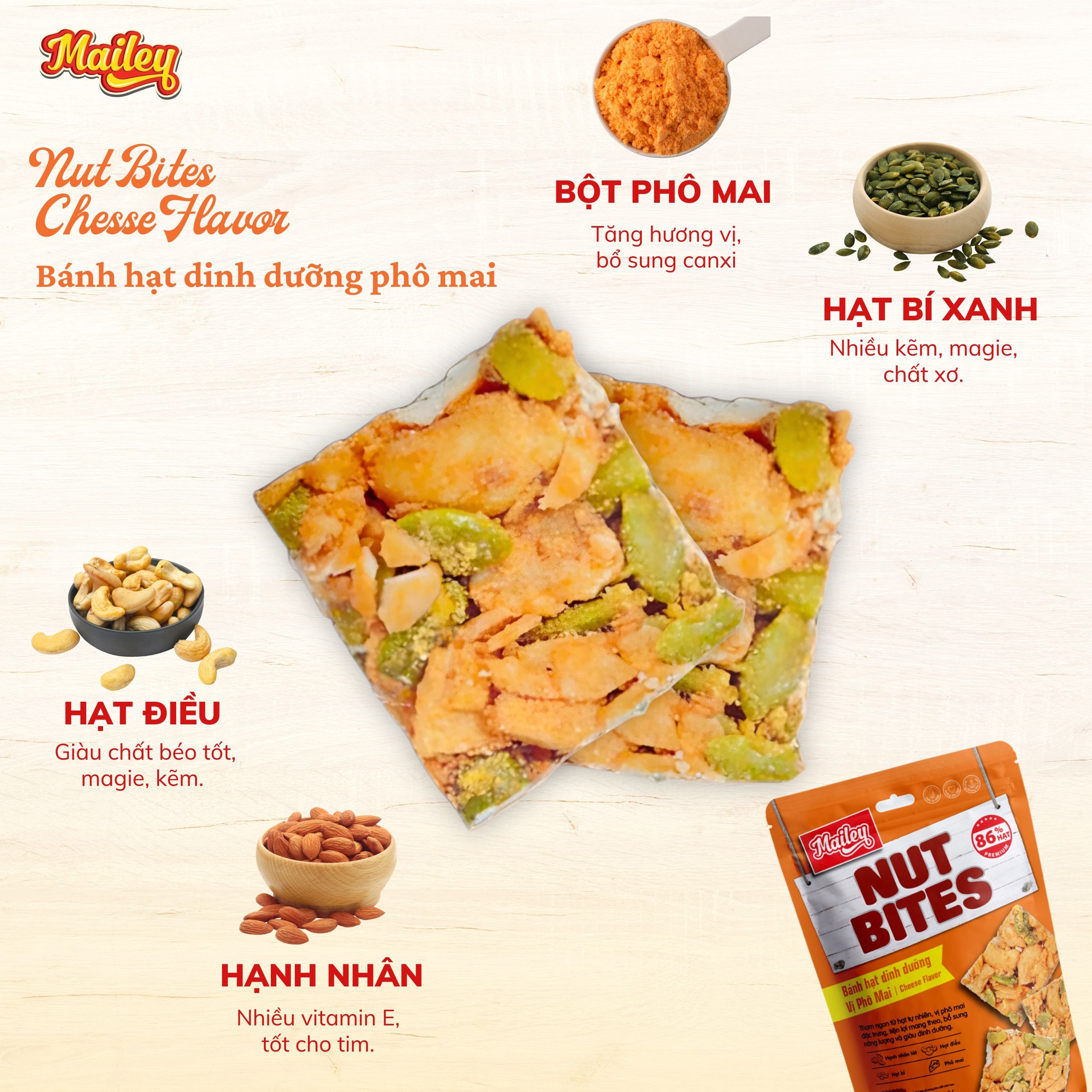 [COMBO 3 TÚI] Bánh hạt dinh dưỡng NUT BITES Mailey túi 96g - thơm ngon từ hạt tự nhiên và giàu dinh dưỡng