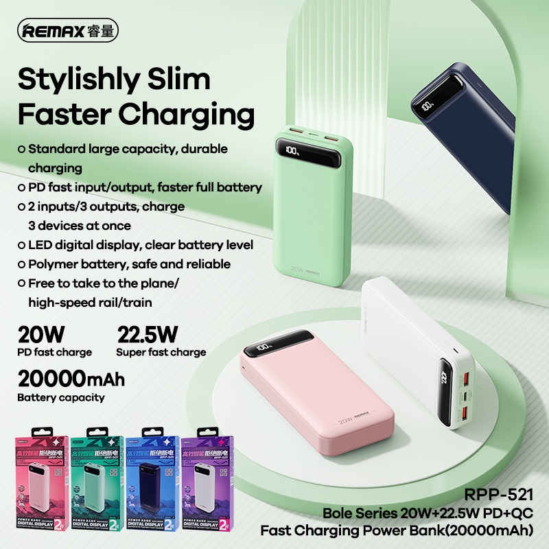 Pin dự phòng sạc nhanh Remax RPP-521 Bole Series 20000mAh QC 22.5W và PD 20W - tích hợp 2 input 3 output - Hàng chính hãng