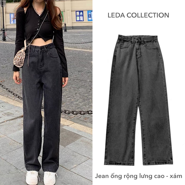 Quần Jean Nữ Ống Rộng Dáng Suông Lưng Cao Ulzzang Xám Đẹp LEDA QJ736
