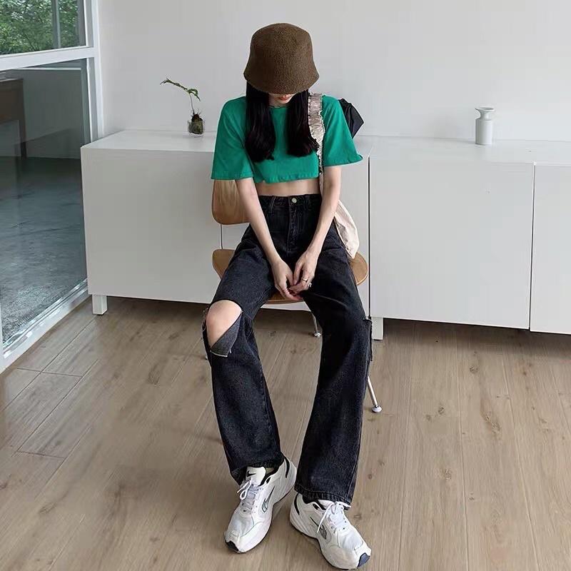 Quần jean đen dài ống rộng rách gối